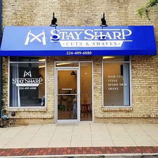 Exterior Storefront Awnings for Stay Sharp Cuts & Shaves in Elgin, IL